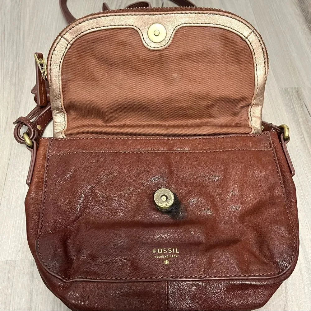 Fossil Purse Women’s Preston Brown & Gold‎ Leather Snap Fold-Over Flap Crossbody